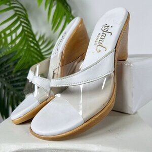 Womens White & Clear Beachy  Boho Coastal Chic Chunky Slip On Heel Sandals / 7